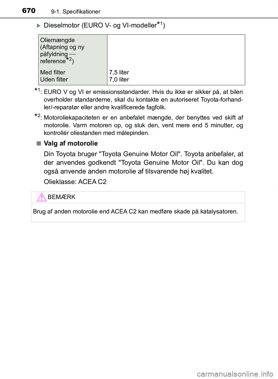 TOYOTA HILUX 2019  Brugsanvisning (in Danish) 6709-1. Specifikationer
Hilux OM0K375DK
Dieselmotor (EURO V- og VI-modeller*1)
*1: EURO V og VI er emissionsstandarder. Hvis du ikke er sikker på, at bilenoverholder standarderne, skal du kontak t