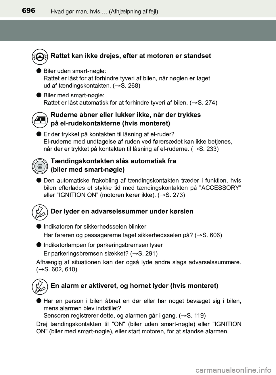TOYOTA HILUX 2019  Brugsanvisning (in Danish) 696Hvad gør man, hvis … (Afhjælpning af fejl)
Hilux OM0K375DK
lBiler uden smart-nøgle:
Rattet er låst for at forhindre tyveri af bilen, når nøglen er taget 
ud af tændingskontakten. (S. 26