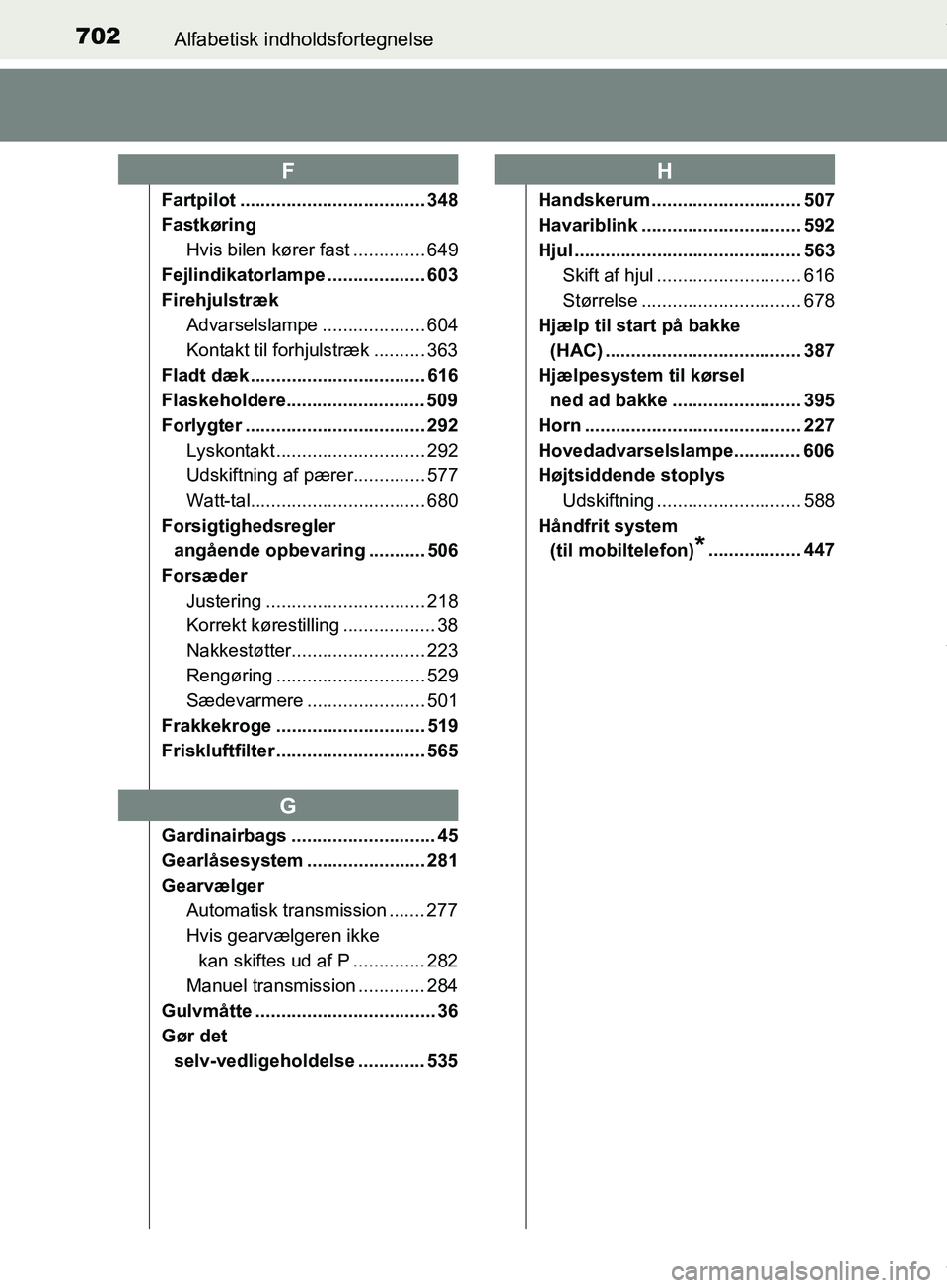 TOYOTA HILUX 2019 Brugsanvisning (in Danish) 702Alfabetisk indholdsfortegnelse
Hilux OM0K375DK
Fartpilot .................................... 348
FastkøringHvis bilen kører fast .............. 649
Fejlindikatorlampe ................... 603
Fir TOYOTA HILUX 2019 Brugsanvisning (in Danish) 702Alfabetisk indholdsfortegnelse
Hilux OM0K375DK
Fartpilot .................................... 348
FastkøringHvis bilen kører fast .............. 649
Fejlindikatorlampe ................... 603
Fir