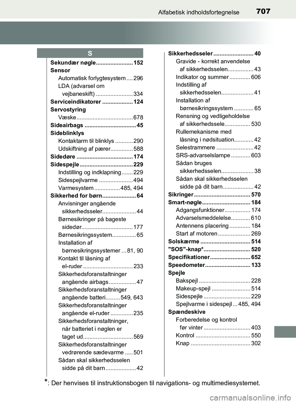 TOYOTA HILUX 2019 Brugsanvisning (in Danish) 707Alfabetisk indholdsfortegnelse
Hilux OM0K375DK
Sekundær nøgle....................... 152
SensorAutomatisk forlygtesystem .... 296
LDA (advarsel om vejbaneskift) ....................... 334
Servic TOYOTA HILUX 2019 Brugsanvisning (in Danish) 707Alfabetisk indholdsfortegnelse
Hilux OM0K375DK
Sekundær nøgle....................... 152
SensorAutomatisk forlygtesystem .... 296
LDA (advarsel om vejbaneskift) ....................... 334
Servic