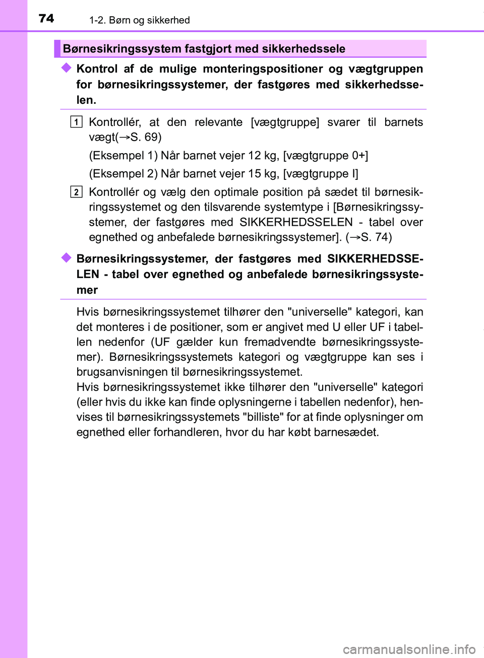 TOYOTA HILUX 2019 Brugsanvisning (in Danish) 741-2. Børn og sikkerhed
Hilux OM0K375DK
uKontrol af de mulige monteringspositioner og vægtgruppen
for børnesikringssystemer, der fastgøres med sikkerhedsse-
len.
Kontrollér, at den relevante [v TOYOTA HILUX 2019 Brugsanvisning (in Danish) 741-2. Børn og sikkerhed
Hilux OM0K375DK
uKontrol af de mulige monteringspositioner og vægtgruppen
for børnesikringssystemer, der fastgøres med sikkerhedsse-
len.
Kontrollér, at den relevante [v