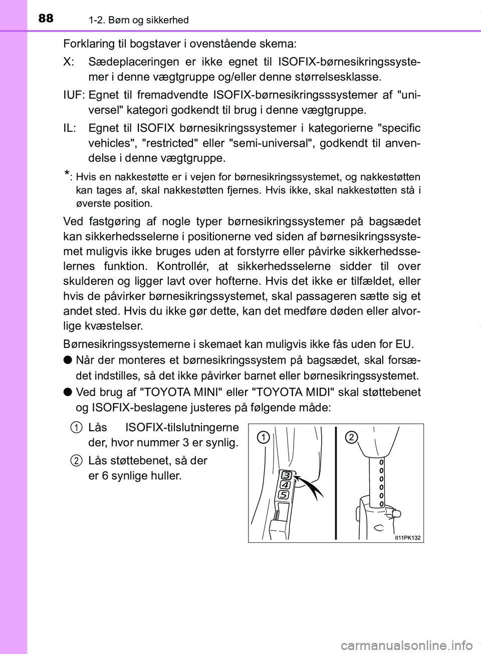 TOYOTA HILUX 2019 Brugsanvisning (in Danish) 881-2. Børn og sikkerhed
Hilux OM0K375DK
Forklaring til bogstaver i ovenstående skema:
X: Sædeplaceringen er ikke egnet til ISOFIX-børnesikringssyste-mer i denne vægtgruppe og/eller denne større TOYOTA HILUX 2019 Brugsanvisning (in Danish) 881-2. Børn og sikkerhed
Hilux OM0K375DK
Forklaring til bogstaver i ovenstående skema:
X: Sædeplaceringen er ikke egnet til ISOFIX-børnesikringssyste-mer i denne vægtgruppe og/eller denne større