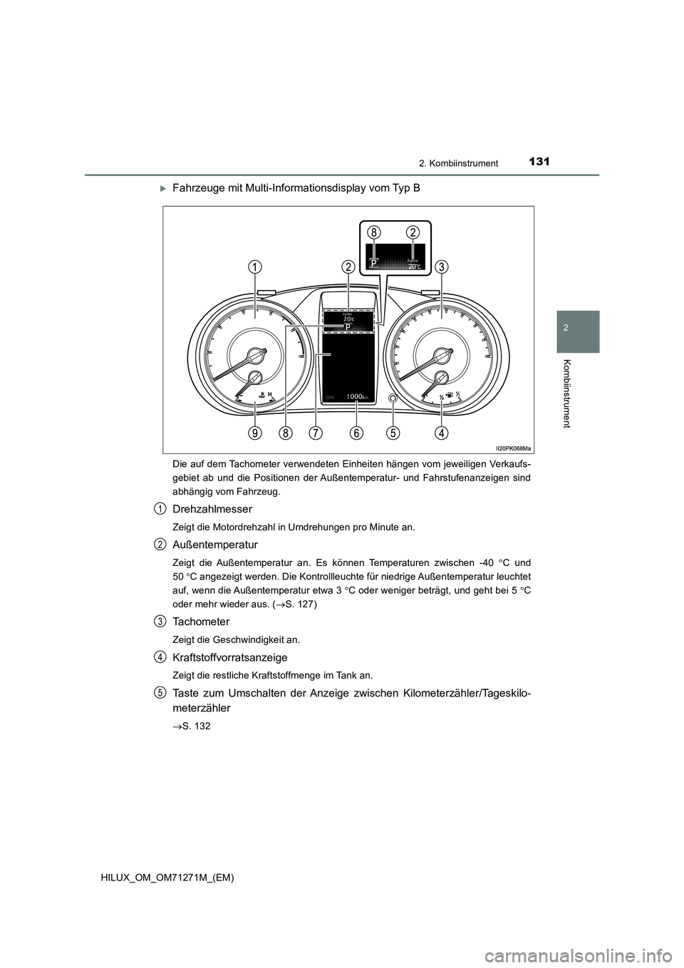 TOYOTA HILUX 2019 Betriebsanleitungen (in German) 1312. Kombiinstrument
2
Kombiinstrument
HILUX_OM_OM71271M_(EM)
Fahrzeuge mit Multi-Informationsdisplay vom Typ B
Die auf dem Tachometer verwendeten Einheiten hängen vom jeweiligen Verkaufs-
gebiet TOYOTA HILUX 2019 Betriebsanleitungen (in German) 1312. Kombiinstrument
2
Kombiinstrument
HILUX_OM_OM71271M_(EM)
Fahrzeuge mit Multi-Informationsdisplay vom Typ B
Die auf dem Tachometer verwendeten Einheiten hängen vom jeweiligen Verkaufs-
gebiet