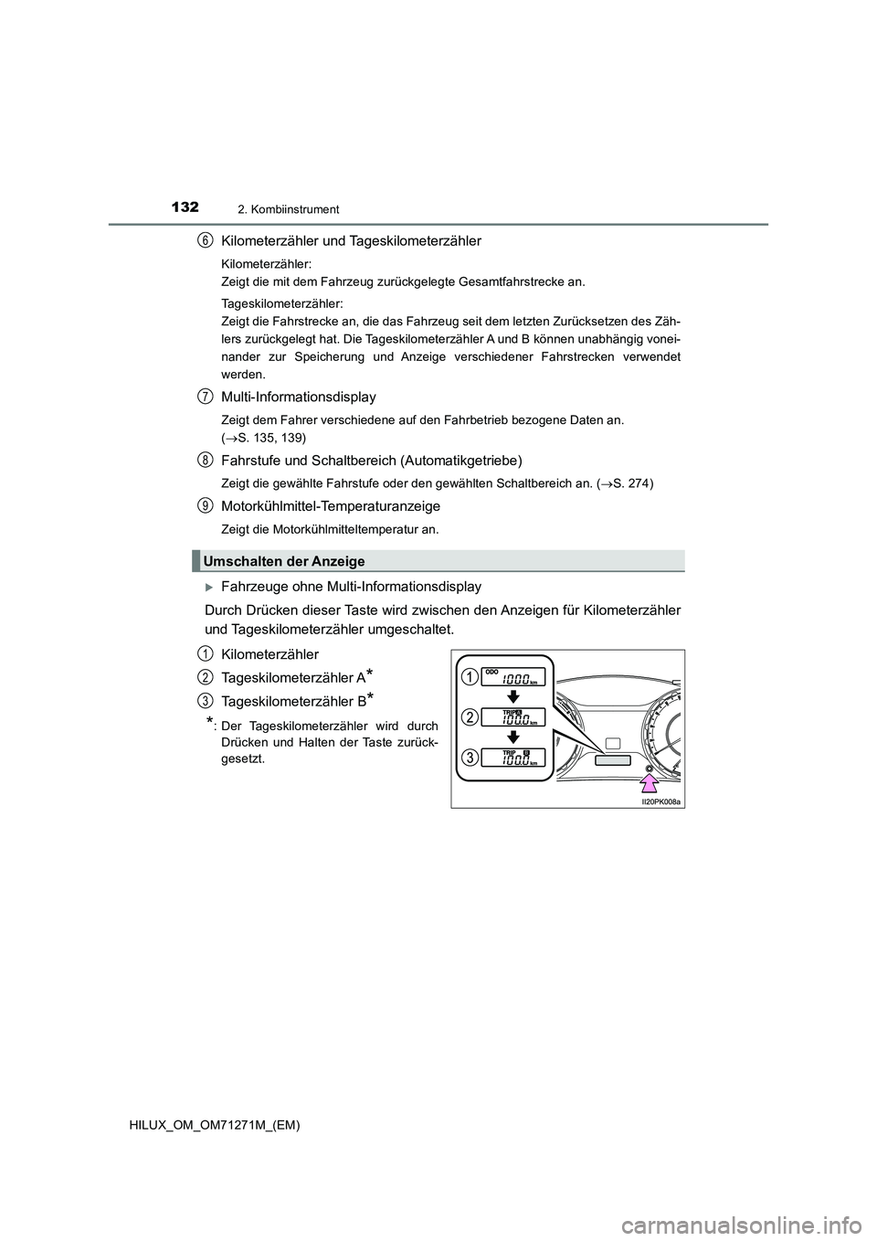 TOYOTA HILUX 2019 Betriebsanleitungen (in German) 1322. Kombiinstrument
HILUX_OM_OM71271M_(EM)
Kilometerzähler und Tageskilometerzähler
Kilometerzähler:
Zeigt die mit dem Fahrzeug zurückgelegte Gesamtfahrstrecke an.
Tageskilometerzähler:
Zeigt TOYOTA HILUX 2019 Betriebsanleitungen (in German) 1322. Kombiinstrument
HILUX_OM_OM71271M_(EM)
Kilometerzähler und Tageskilometerzähler
Kilometerzähler:
Zeigt die mit dem Fahrzeug zurückgelegte Gesamtfahrstrecke an.
Tageskilometerzähler:
Zeigt