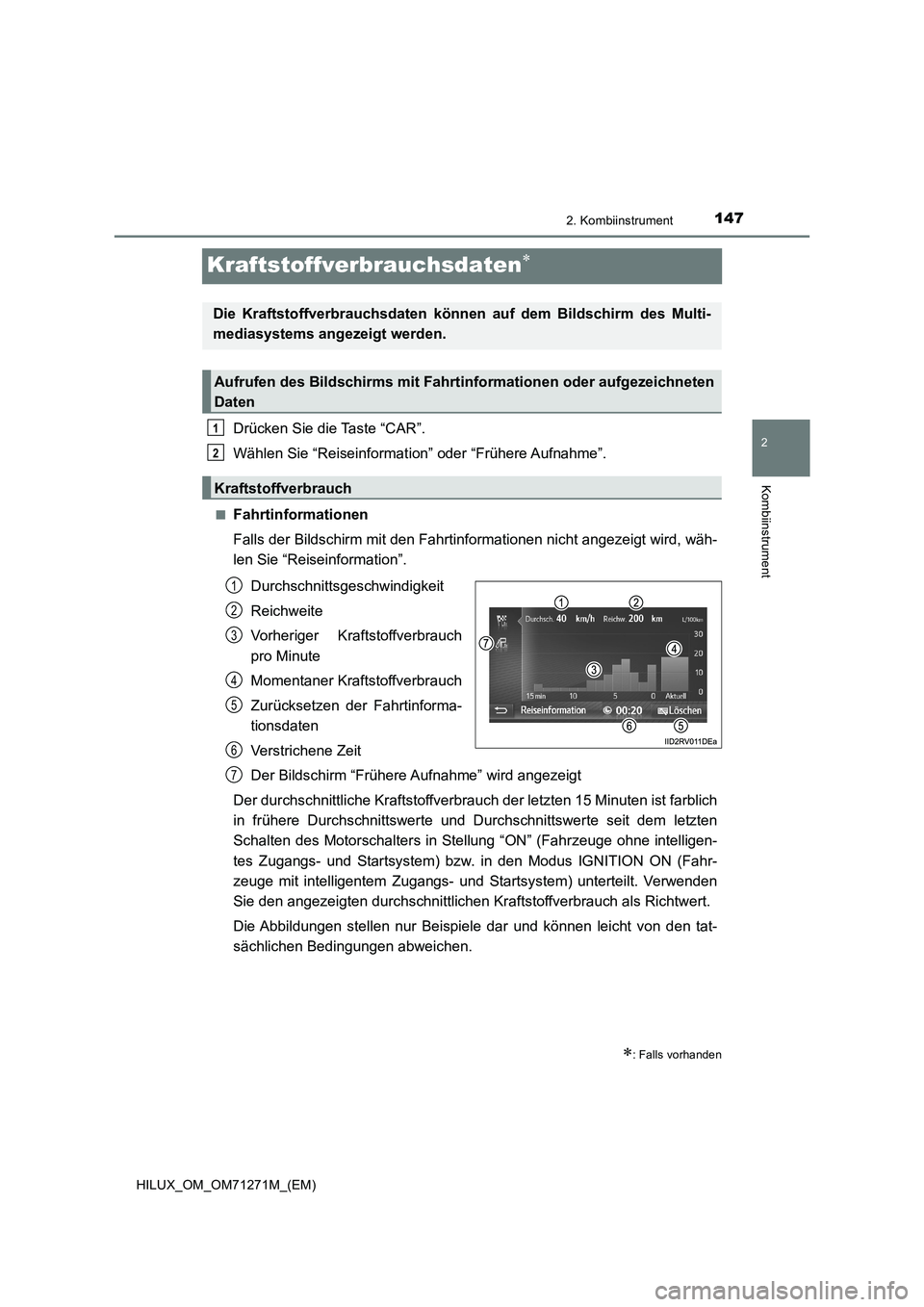 TOYOTA HILUX 2019 Betriebsanleitungen (in German) 147
2
2. Kombiinstrument
Kombiinstrument
HILUX_OM_OM71271M_(EM)
Kraftstoffverbrauchsdaten
Drücken Sie die Taste “CAR”.
Wählen Sie “Reiseinformation” oder “Frühere Aufnahme”.
■Fahrt TOYOTA HILUX 2019 Betriebsanleitungen (in German) 147
2
2. Kombiinstrument
Kombiinstrument
HILUX_OM_OM71271M_(EM)
Kraftstoffverbrauchsdaten
Drücken Sie die Taste “CAR”.
Wählen Sie “Reiseinformation” oder “Frühere Aufnahme”.
■Fahrt
