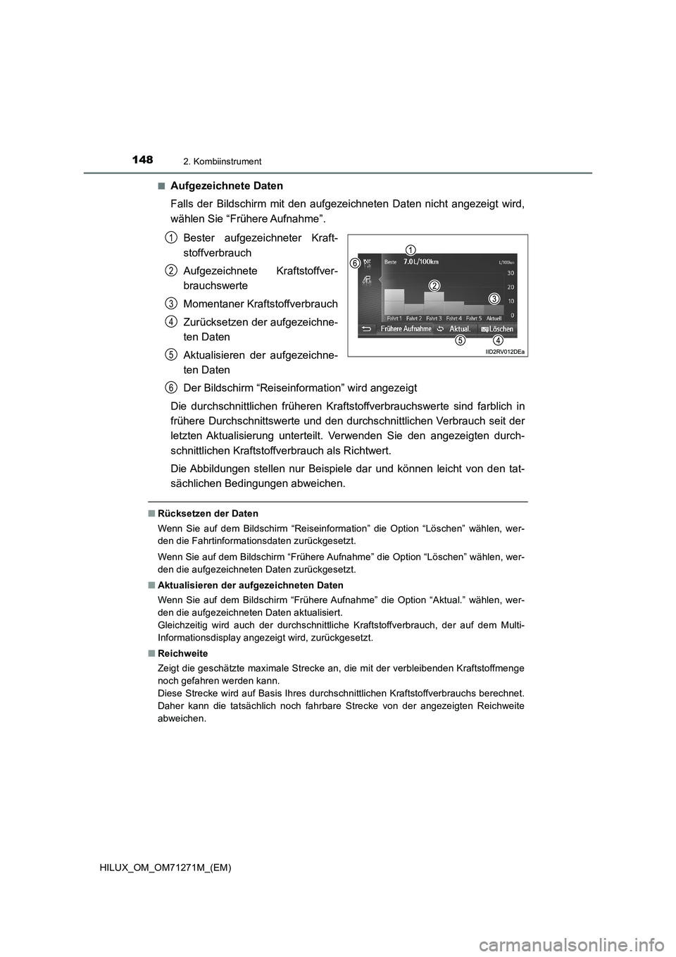TOYOTA HILUX 2019 Betriebsanleitungen (in German) 1482. Kombiinstrument
HILUX_OM_OM71271M_(EM)■
Aufgezeichnete Daten
Falls der Bildschirm mit den aufgezeichneten Daten nicht angezeigt wird,
wählen Sie “Frühere Aufnahme”.
Bester aufgezeichnete TOYOTA HILUX 2019 Betriebsanleitungen (in German) 1482. Kombiinstrument
HILUX_OM_OM71271M_(EM)■
Aufgezeichnete Daten
Falls der Bildschirm mit den aufgezeichneten Daten nicht angezeigt wird,
wählen Sie “Frühere Aufnahme”.
Bester aufgezeichnete