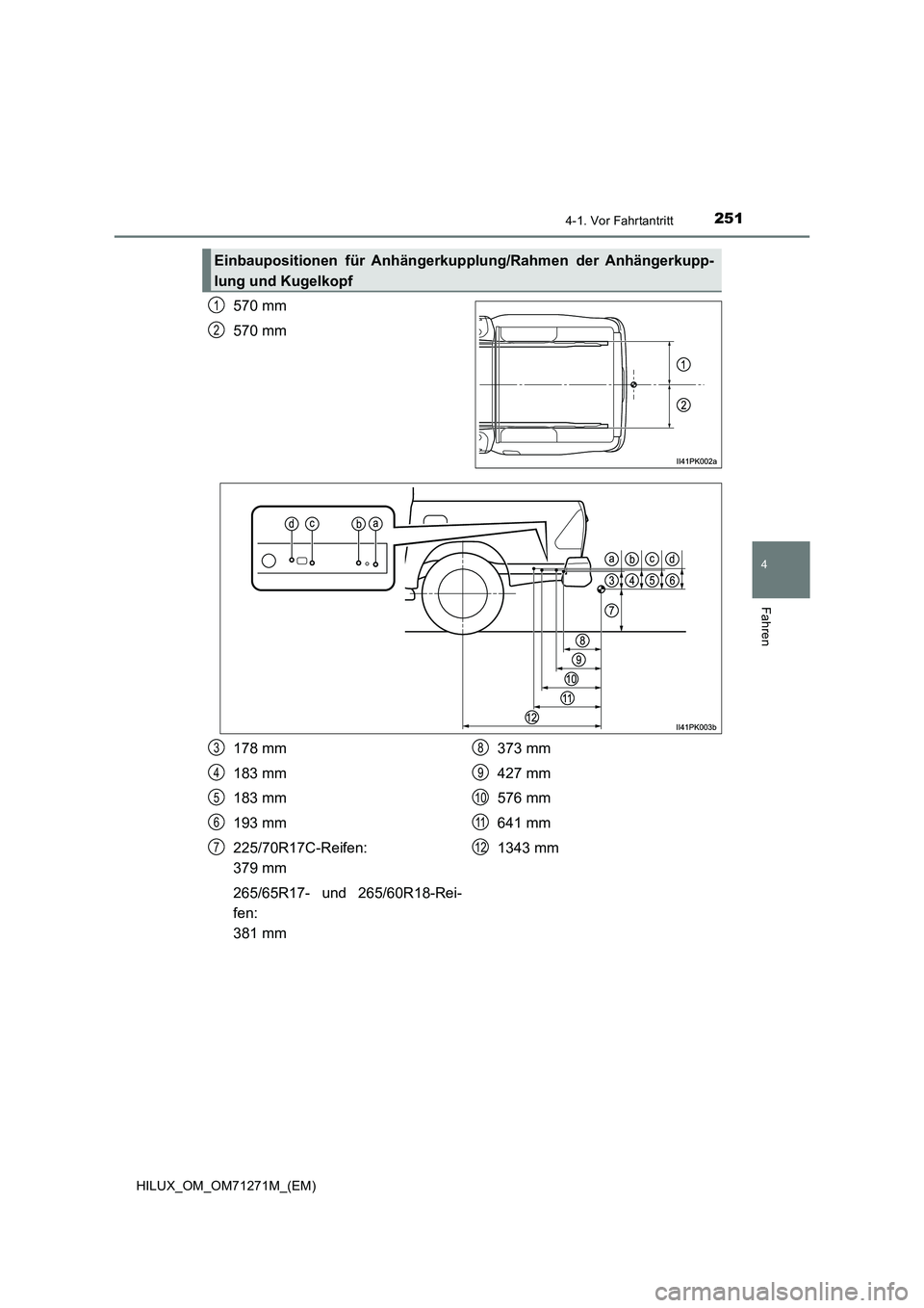 TOYOTA HILUX 2019  Betriebsanleitungen (in German) 2514-1. Vor Fahrtantritt
4
Fahren
HILUX_OM_OM71271M_(EM)
570 mm
570 mm
Einbaupositionen für Anhängerkupplung/Rahmen der Anhängerkupp-
lung und Kugelkopf
1
2
178 mm
183 mm
183 mm
193 mm
225/70R17C-R
