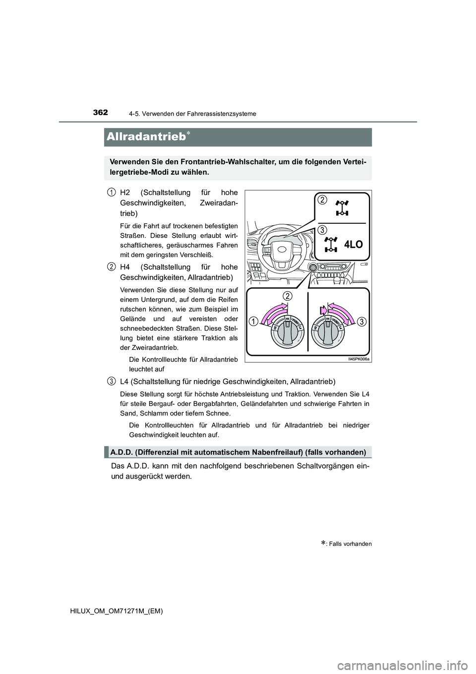 TOYOTA HILUX 2019 Betriebsanleitungen (in German) 3624-5. Verwenden der Fahrerassistenzsysteme
HILUX_OM_OM71271M_(EM)
Allradantrieb
H2 (Schaltstellung für hohe
Geschwindigkeiten, Zweiradan-
trieb)
Für die Fahrt auf trockenen befestigten
Stra TOYOTA HILUX 2019 Betriebsanleitungen (in German) 3624-5. Verwenden der Fahrerassistenzsysteme
HILUX_OM_OM71271M_(EM)
Allradantrieb
H2 (Schaltstellung für hohe
Geschwindigkeiten, Zweiradan-
trieb)
Für die Fahrt auf trockenen befestigten
Stra
