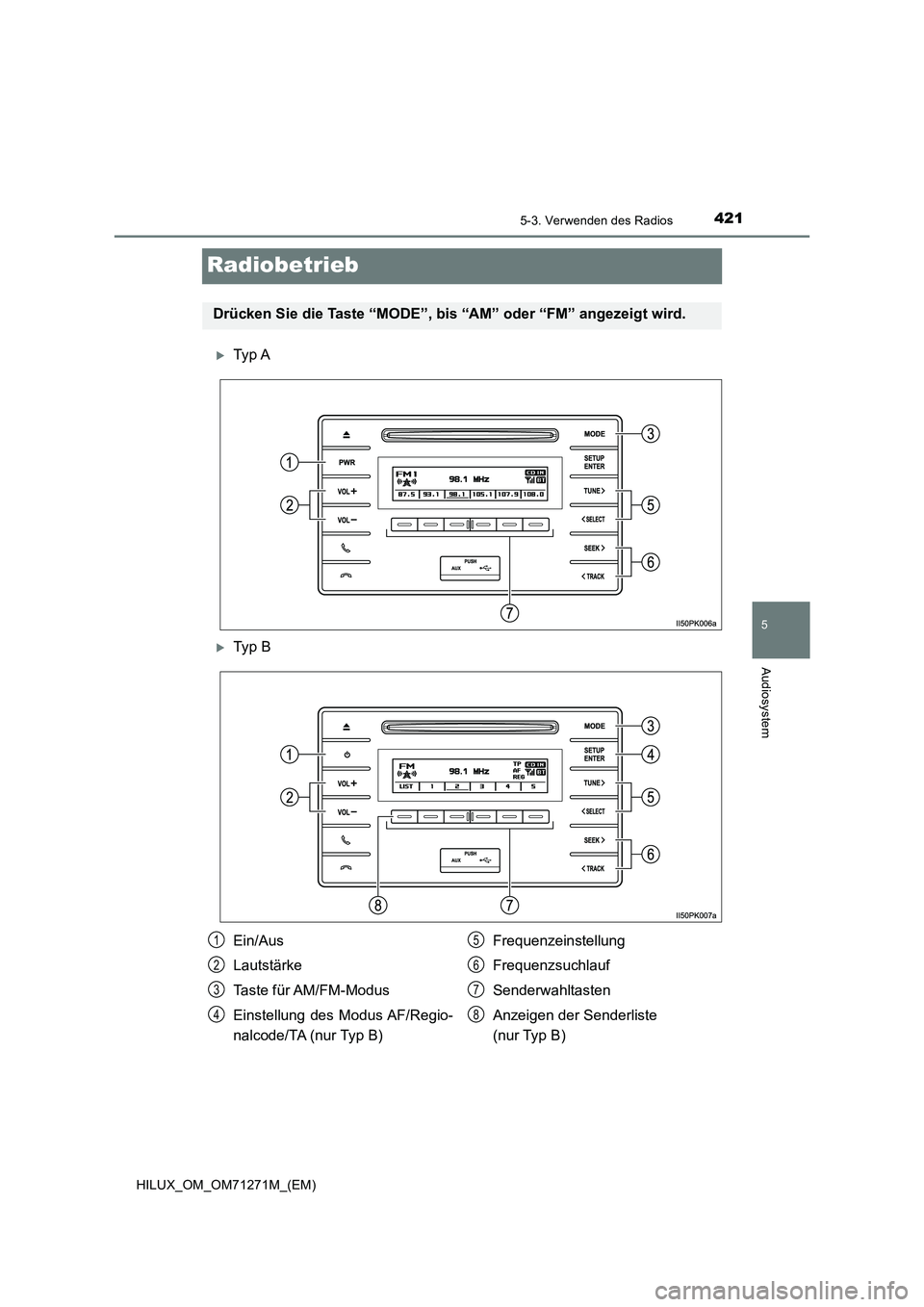 TOYOTA HILUX 2019 Betriebsanleitungen (in German) 421
5
5-3. Verwenden des Radios
Audiosystem
HILUX_OM_OM71271M_(EM)
Radiobetrieb
Ty p A
Ty p B
Drücken Sie die Taste “MODE”, bis “AM” oder “FM” angezeigt wird.
Ein/Aus
Lautstärke
TOYOTA HILUX 2019 Betriebsanleitungen (in German) 421
5
5-3. Verwenden des Radios
Audiosystem
HILUX_OM_OM71271M_(EM)
Radiobetrieb
Ty p A
Ty p B
Drücken Sie die Taste “MODE”, bis “AM” oder “FM” angezeigt wird.
Ein/Aus
Lautstärke