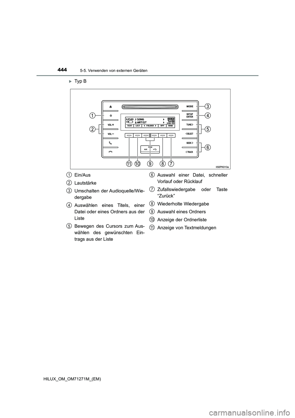 TOYOTA HILUX 2019 Betriebsanleitungen (in German) 4445-5. Verwenden von externen Geräten
HILUX_OM_OM71271M_(EM)
Ty p B
Ein/Aus
Lautstärke
Umschalten der Audioquelle/Wie-
dergabe
Auswählen eines Titels, einer
Datei oder eines Ordners aus der
Li TOYOTA HILUX 2019 Betriebsanleitungen (in German) 4445-5. Verwenden von externen Geräten
HILUX_OM_OM71271M_(EM)
Ty p B
Ein/Aus
Lautstärke
Umschalten der Audioquelle/Wie-
dergabe
Auswählen eines Titels, einer
Datei oder eines Ordners aus der
Li