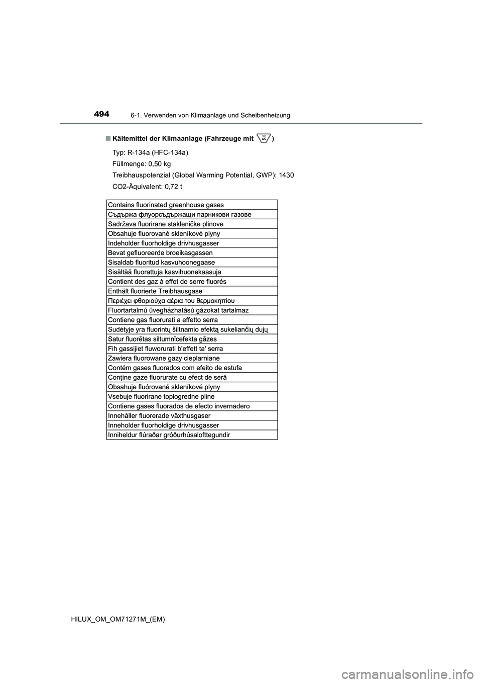 TOYOTA HILUX 2019 Betriebsanleitungen (in German) 4946-1. Verwenden von Klimaanlage und Scheibenheizung
HILUX_OM_OM71271M_(EM)
■ Kältemittel der Klimaanlage (Fahrzeuge mit )
Typ: R-134a (HFC-134a)
Füllmenge: 0,50 kg
Treibhauspotenzial (Globa TOYOTA HILUX 2019 Betriebsanleitungen (in German) 4946-1. Verwenden von Klimaanlage und Scheibenheizung
HILUX_OM_OM71271M_(EM)
■ Kältemittel der Klimaanlage (Fahrzeuge mit )
Typ: R-134a (HFC-134a)
Füllmenge: 0,50 kg
Treibhauspotenzial (Globa