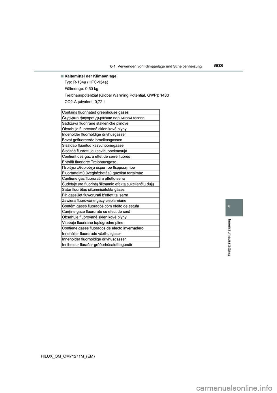 TOYOTA HILUX 2019 Betriebsanleitungen (in German) 5036-1. Verwenden von Klimaanlage und Scheibenheizung
6
Innenraumausstattung
HILUX_OM_OM71271M_(EM)■Kältemittel der Klimaanlage
Typ: R-134a (HFC-134a)
Füllmenge: 0,50 kg
Treibhauspotenzial (Global TOYOTA HILUX 2019 Betriebsanleitungen (in German) 5036-1. Verwenden von Klimaanlage und Scheibenheizung
6
Innenraumausstattung
HILUX_OM_OM71271M_(EM)■Kältemittel der Klimaanlage
Typ: R-134a (HFC-134a)
Füllmenge: 0,50 kg
Treibhauspotenzial (Global