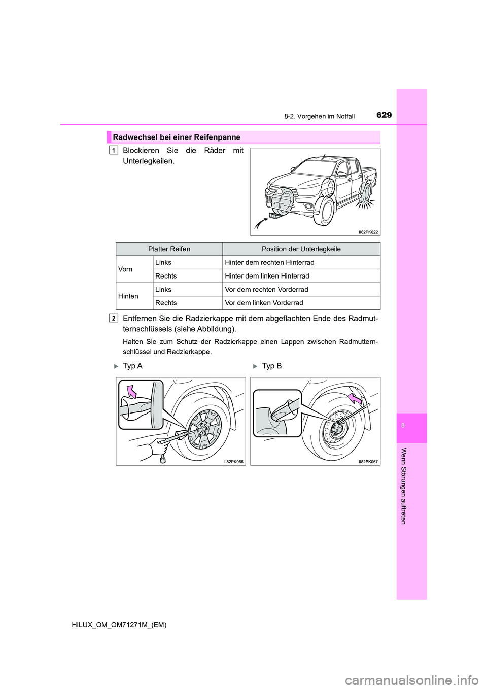 TOYOTA HILUX 2019  Betriebsanleitungen (in German) 6298-2. Vorgehen im Notfall
HILUX_OM_OM71271M_(EM)
8
Wenn Störungen auftreten
Blockieren Sie die Räder mit 
Unterlegkeilen. 
Entfernen Sie die Radzierkappe mit dem abgeflachten Ende des Radmut- 
ter
