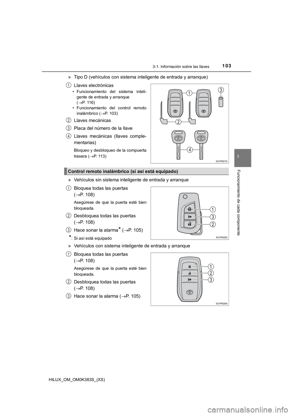 TOYOTA HILUX 2019  Manual del propietario (in Spanish) HILUX_OM_OM0K383S_(XS)
1033-1. Información sobre las llaves
3
Funcionamiento de cada componente
Tipo D (vehículos con sistema inteligente de entrada y arranque)
Llaves electrónicas
• Funcionam