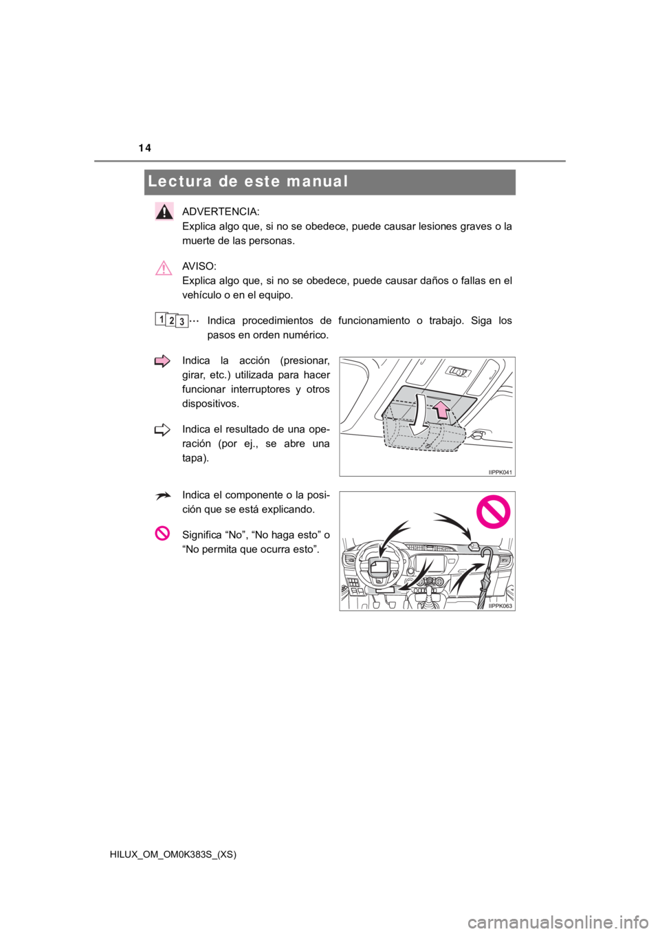 TOYOTA HILUX 2019 Manual del propietario (in Spanish) 14
HILUX_OM_OM0K383S_(XS)
Lectura de este manual
ADVERTENCIA:
Explica algo que, si no se obedece, puede causar lesiones graves o la
muerte de las personas.
AVISO:
Explica algo que, si no se obedece, TOYOTA HILUX 2019 Manual del propietario (in Spanish) 14
HILUX_OM_OM0K383S_(XS)
Lectura de este manual
ADVERTENCIA:
Explica algo que, si no se obedece, puede causar lesiones graves o la
muerte de las personas.
AVISO:
Explica algo que, si no se obedece,