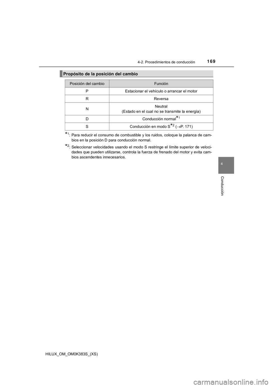 TOYOTA HILUX 2019  Manual del propietario (in Spanish) HILUX_OM_OM0K383S_(XS)
1694-2. Procedimientos de conducción
4
Conducción
*1: Para reducir el consumo de combustible y los ruidos, coloque la palanca de cam-
bios en la posición D para conducción n
