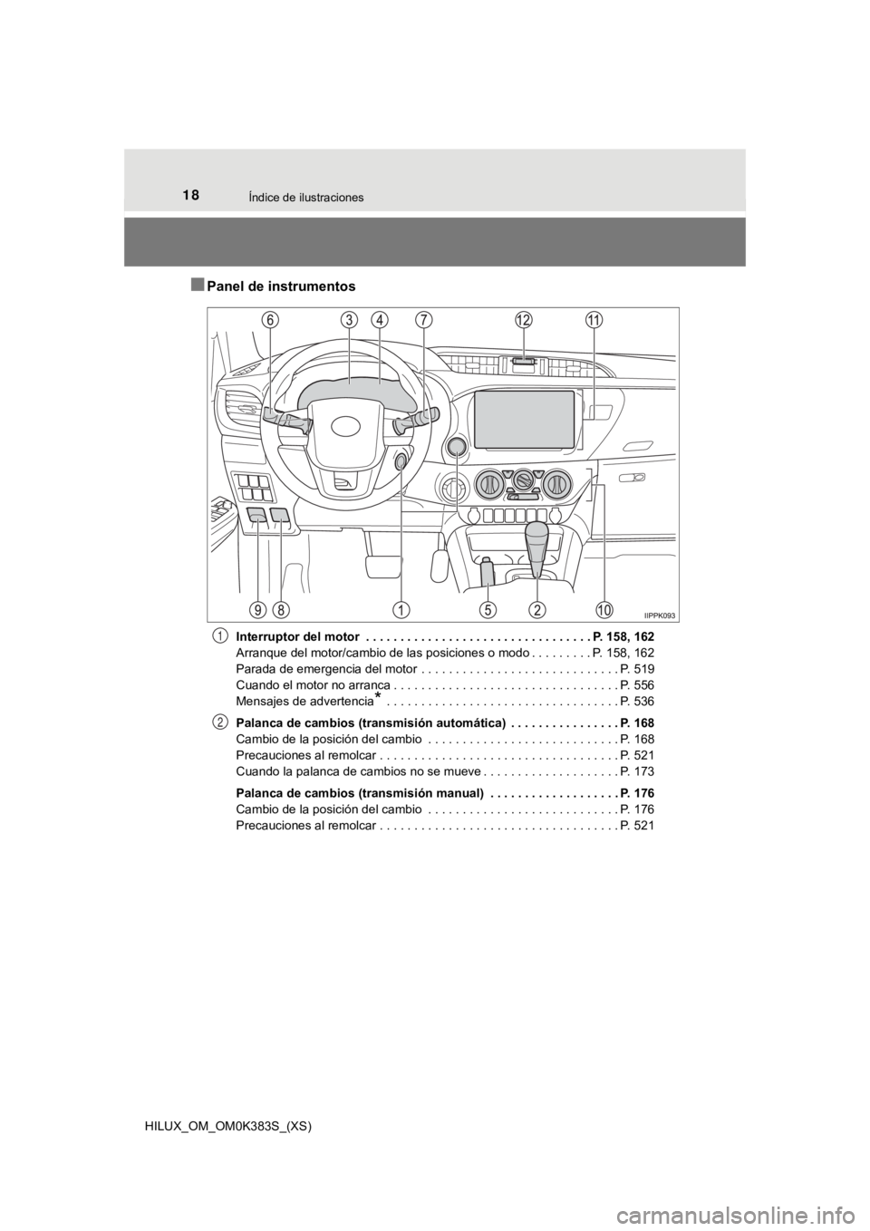 TOYOTA HILUX 2019 Manual del propietario (in Spanish) 18Índice de ilustraciones
HILUX_OM_OM0K383S_(XS)
■Panel de instrumentos
Interruptor del motor . . . . . . . . . . . . . . . . . . . . . . . . . . . . . . . . . P. 158, 162
Arranque del motor/cambi TOYOTA HILUX 2019 Manual del propietario (in Spanish) 18Índice de ilustraciones
HILUX_OM_OM0K383S_(XS)
■Panel de instrumentos
Interruptor del motor . . . . . . . . . . . . . . . . . . . . . . . . . . . . . . . . . P. 158, 162
Arranque del motor/cambi