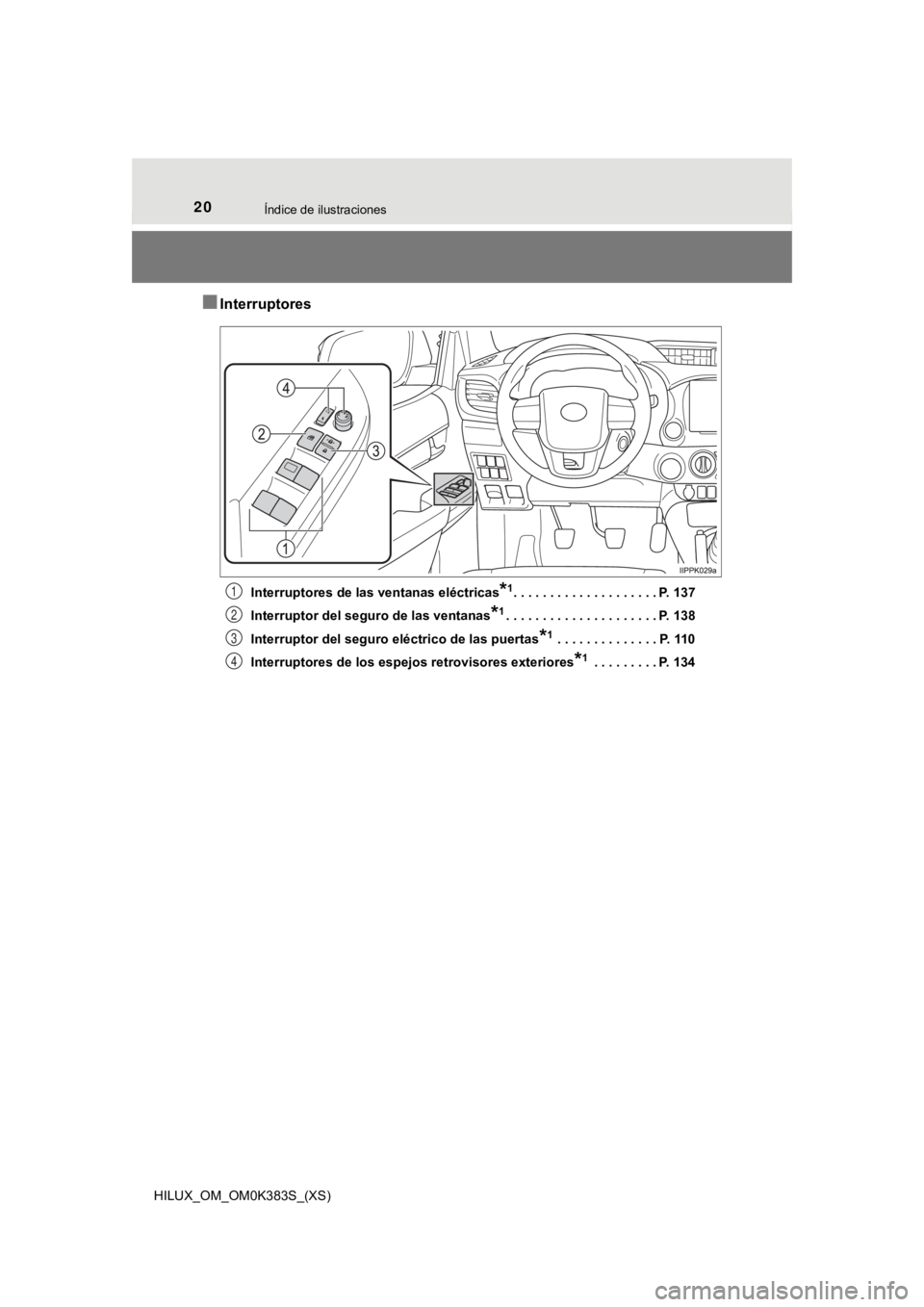 TOYOTA HILUX 2019 Manual del propietario (in Spanish) 20Índice de ilustraciones
HILUX_OM_OM0K383S_(XS)
■Interruptores
Interruptores de las ventanas eléctricas*1. . . . . . . . . . . . . . . . . . . . P. 137
Interruptor del seguro de las ventanas
*1. TOYOTA HILUX 2019 Manual del propietario (in Spanish) 20Índice de ilustraciones
HILUX_OM_OM0K383S_(XS)
■Interruptores
Interruptores de las ventanas eléctricas*1. . . . . . . . . . . . . . . . . . . . P. 137
Interruptor del seguro de las ventanas
*1.