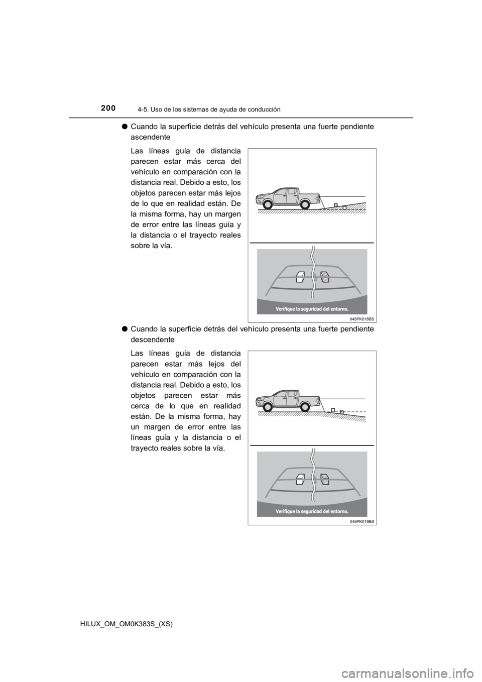 TOYOTA HILUX 2019 Manual del propietario (in Spanish) 200
HILUX_OM_OM0K383S_(XS)
4-5. Uso de los sistemas de ayuda de conducción
●Cuando la superficie detrás del vehículo presenta una fuerte pendiente
ascendente
Las líneas guía de distancia
pa TOYOTA HILUX 2019 Manual del propietario (in Spanish) 200
HILUX_OM_OM0K383S_(XS)
4-5. Uso de los sistemas de ayuda de conducción
●Cuando la superficie detrás del vehículo presenta una fuerte pendiente
ascendente
Las líneas guía de distancia
pa