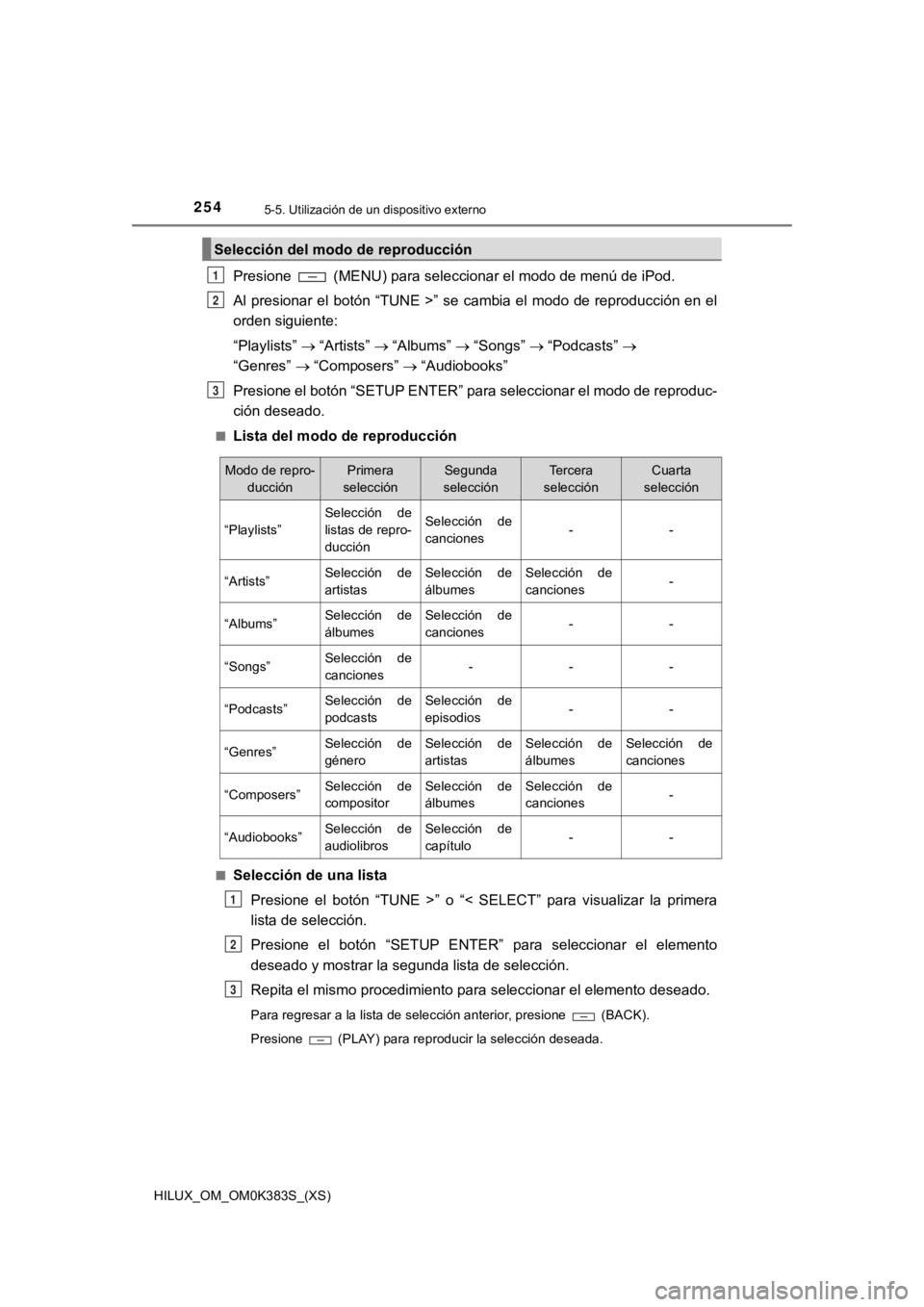 TOYOTA HILUX 2019 Manual del propietario (in Spanish) 254
HILUX_OM_OM0K383S_(XS)
5-5. Utilización de un dispositivo externo
Presione (MENU) para seleccionar el modo de menú de iPod.
Al presionar el botón “TUNE >” se cambia el modo de reprodu TOYOTA HILUX 2019 Manual del propietario (in Spanish) 254
HILUX_OM_OM0K383S_(XS)
5-5. Utilización de un dispositivo externo
Presione (MENU) para seleccionar el modo de menú de iPod.
Al presionar el botón “TUNE >” se cambia el modo de reprodu