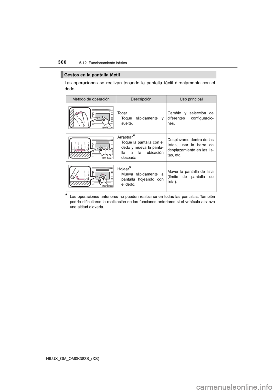 TOYOTA HILUX 2019 Manual del propietario (in Spanish) 300
HILUX_OM_OM0K383S_(XS)
5-12. Funcionamiento básico
Las operaciones se realizan tocando la pantalla táctil directamente con el
dedo.
*: Las operaciones anteriores no pueden realiza TOYOTA HILUX 2019 Manual del propietario (in Spanish) 300
HILUX_OM_OM0K383S_(XS)
5-12. Funcionamiento básico
Las operaciones se realizan tocando la pantalla táctil directamente con el
dedo.
*: Las operaciones anteriores no pueden realiza