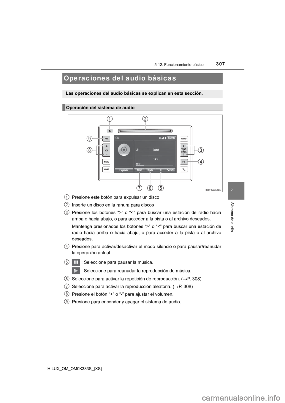 TOYOTA HILUX 2019  Manual del propietario (in Spanish) 307
HILUX_OM_OM0K383S_(XS)
5-12. Funcionamiento básico
5
Sistema de audio
Operaciones del audio básicas
Presione este botón para expulsar un disco
Inserte un disco en la ranura para discos
Presione