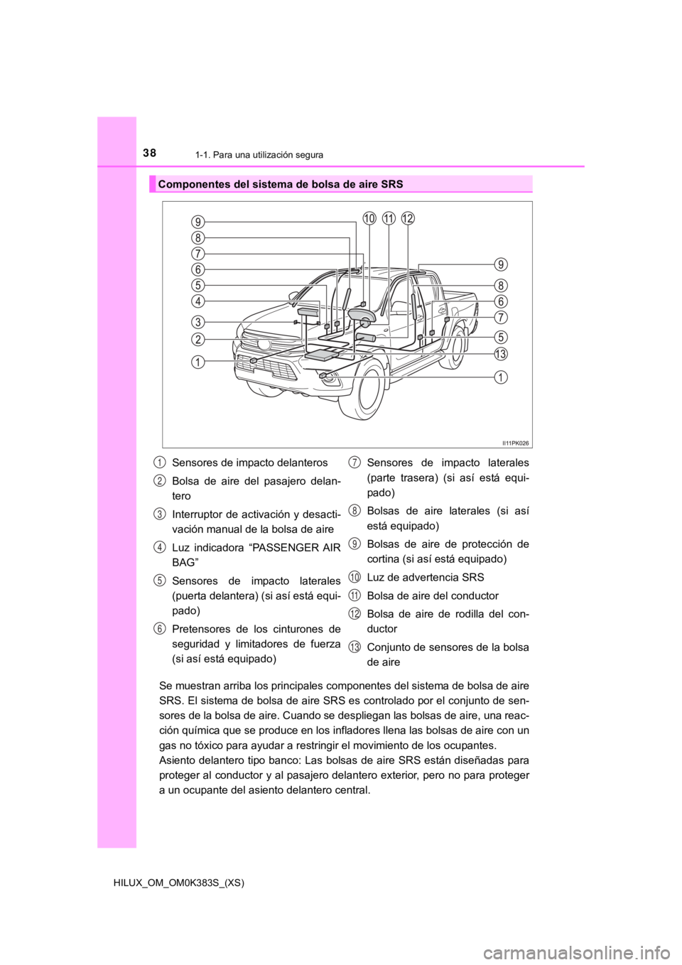 TOYOTA HILUX 2019 Manual del propietario (in Spanish) 381-1. Para una utilización segura
HILUX_OM_OM0K383S_(XS)
Se muestran arriba los principales componentes del sistema de bolsa de aire
SRS. El sistema de bolsa de aire SRS es controlado por el conju n TOYOTA HILUX 2019 Manual del propietario (in Spanish) 381-1. Para una utilización segura
HILUX_OM_OM0K383S_(XS)
Se muestran arriba los principales componentes del sistema de bolsa de aire
SRS. El sistema de bolsa de aire SRS es controlado por el conju n