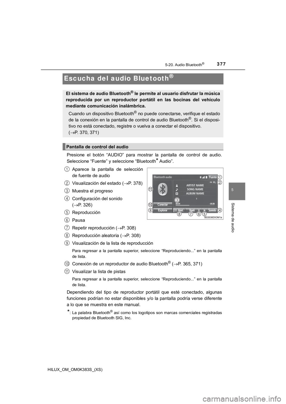 TOYOTA HILUX 2019 Manual del propietario (in Spanish) 377
HILUX_OM_OM0K383S_(XS)
5-20. Audio Bluetooth®
5
Sistema de audio
Escucha del audio Bluetooth®
Presione el botón “AUDIO” para mostrar la pantalla de control de audio.
Seleccione TOYOTA HILUX 2019 Manual del propietario (in Spanish) 377
HILUX_OM_OM0K383S_(XS)
5-20. Audio Bluetooth®
5
Sistema de audio
Escucha del audio Bluetooth®
Presione el botón “AUDIO” para mostrar la pantalla de control de audio.
Seleccione