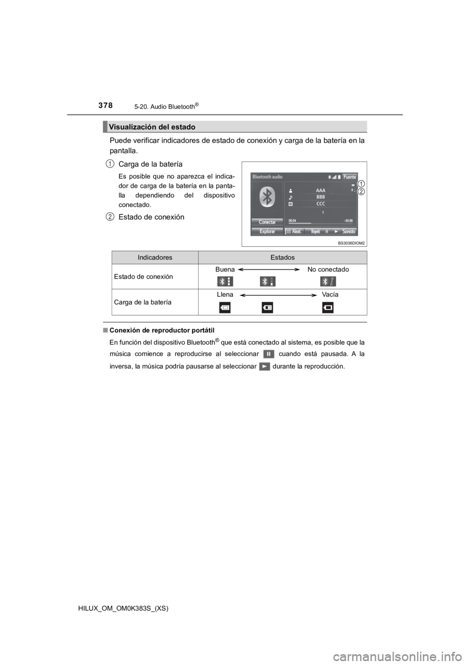 TOYOTA HILUX 2019 Manual del propietario (in Spanish) 378
HILUX_OM_OM0K383S_(XS)
5-20. Audio Bluetooth®
Puede verificar indicadores de estado de conexión y carga de la batería en la
pantalla.
Carga de la batería
Es posible que no aparezca el in TOYOTA HILUX 2019 Manual del propietario (in Spanish) 378
HILUX_OM_OM0K383S_(XS)
5-20. Audio Bluetooth®
Puede verificar indicadores de estado de conexión y carga de la batería en la
pantalla.
Carga de la batería
Es posible que no aparezca el in