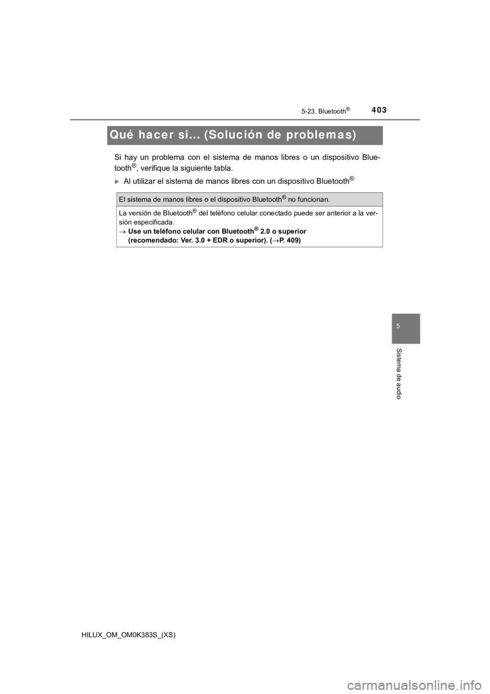 TOYOTA HILUX 2019 Manual del propietario (in Spanish) 403
HILUX_OM_OM0K383S_(XS)
5-23. Bluetooth®
5
Sistema de audio
Qué hacer si... (Solución de problemas)
Si hay un problema con el sistema de manos libres o un disposit ivo Blue-
tooth® TOYOTA HILUX 2019 Manual del propietario (in Spanish) 403
HILUX_OM_OM0K383S_(XS)
5-23. Bluetooth®
5
Sistema de audio
Qué hacer si... (Solución de problemas)
Si hay un problema con el sistema de manos libres o un disposit ivo Blue-
tooth®