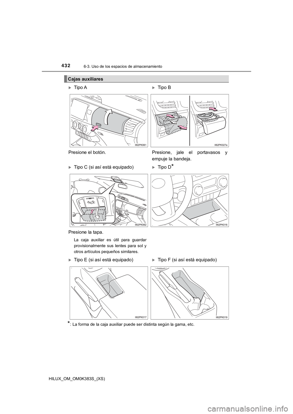 TOYOTA HILUX 2019  Manual del propietario (in Spanish) 432
HILUX_OM_OM0K383S_(XS)
6-3. Uso de los espacios de almacenamiento
*: La forma de la caja auxiliar puede ser distinta según la gama, etc.
Cajas auxiliares
Tipo ATipo B
Presione el botón. Pr
