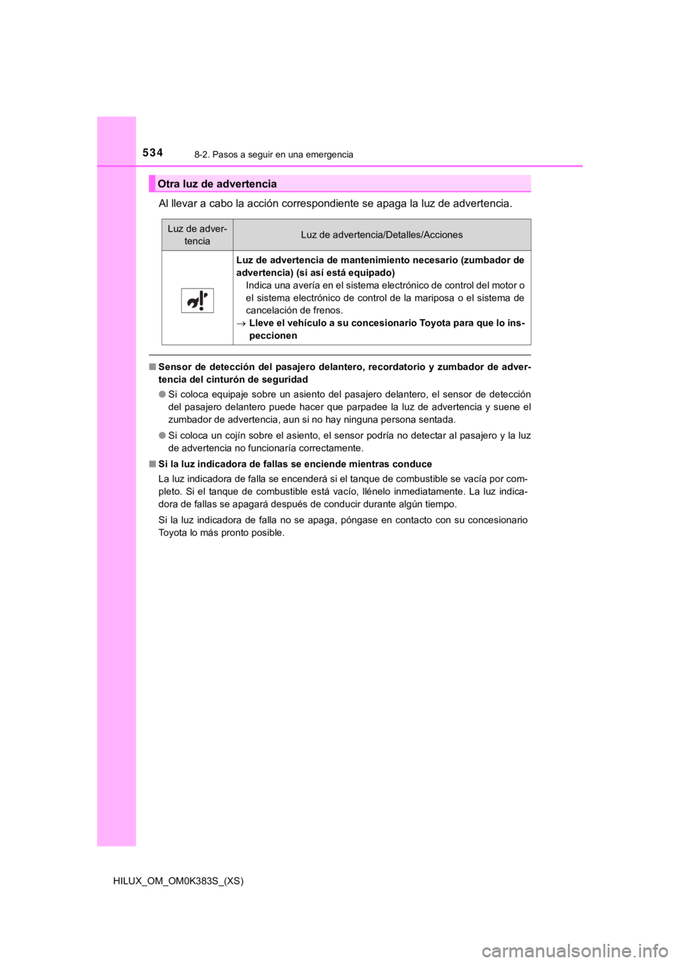 TOYOTA HILUX 2019 Manual del propietario (in Spanish) 5348-2. Pasos a seguir en una emergencia
HILUX_OM_OM0K383S_(XS)
Al llevar a cabo la acción correspondiente se apaga la luz de advertencia.
■Sensor de detección del pasajero delantero, record TOYOTA HILUX 2019 Manual del propietario (in Spanish) 5348-2. Pasos a seguir en una emergencia
HILUX_OM_OM0K383S_(XS)
Al llevar a cabo la acción correspondiente se apaga la luz de advertencia.
■Sensor de detección del pasajero delantero, record