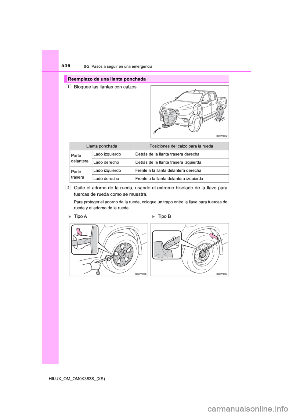 TOYOTA HILUX 2019 Manual del propietario (in Spanish) 5468-2. Pasos a seguir en una emergencia
HILUX_OM_OM0K383S_(XS)
Bloquee las llantas con calzos.
Quite el adorno de la rueda, usando el extremo biselado de la llave para
tuercas de rueda c TOYOTA HILUX 2019 Manual del propietario (in Spanish) 5468-2. Pasos a seguir en una emergencia
HILUX_OM_OM0K383S_(XS)
Bloquee las llantas con calzos.
Quite el adorno de la rueda, usando el extremo biselado de la llave para
tuercas de rueda c
