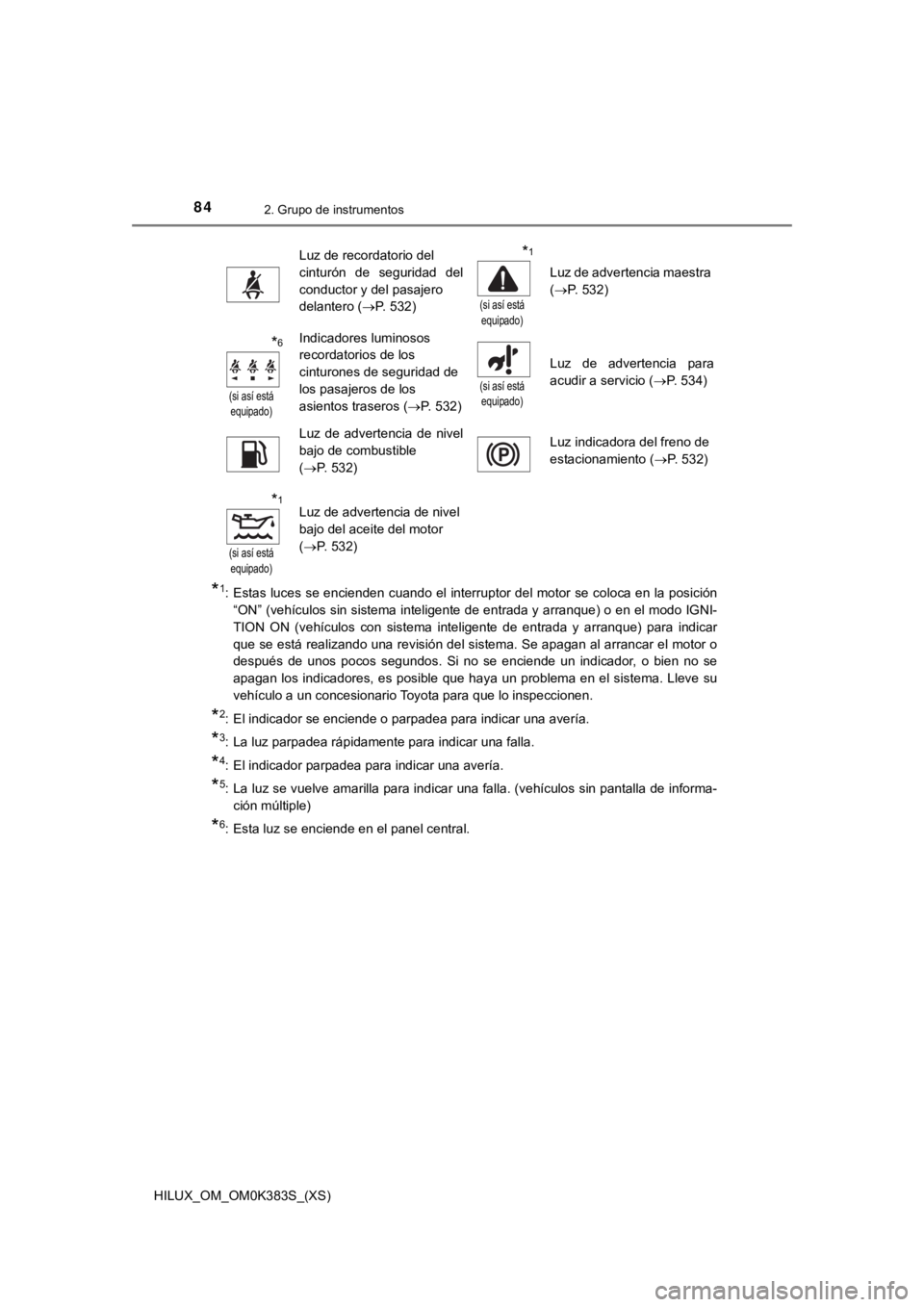 TOYOTA HILUX 2019 Manual del propietario (in Spanish) 84
HILUX_OM_OM0K383S_(XS)
2. Grupo de instrumentos
*1: Estas luces se encienden cuando el interruptor del motor se coloca en la posición
“ON” (vehículos sin sistema inteligente de entrada y a TOYOTA HILUX 2019 Manual del propietario (in Spanish) 84
HILUX_OM_OM0K383S_(XS)
2. Grupo de instrumentos
*1: Estas luces se encienden cuando el interruptor del motor se coloca en la posición
“ON” (vehículos sin sistema inteligente de entrada y a