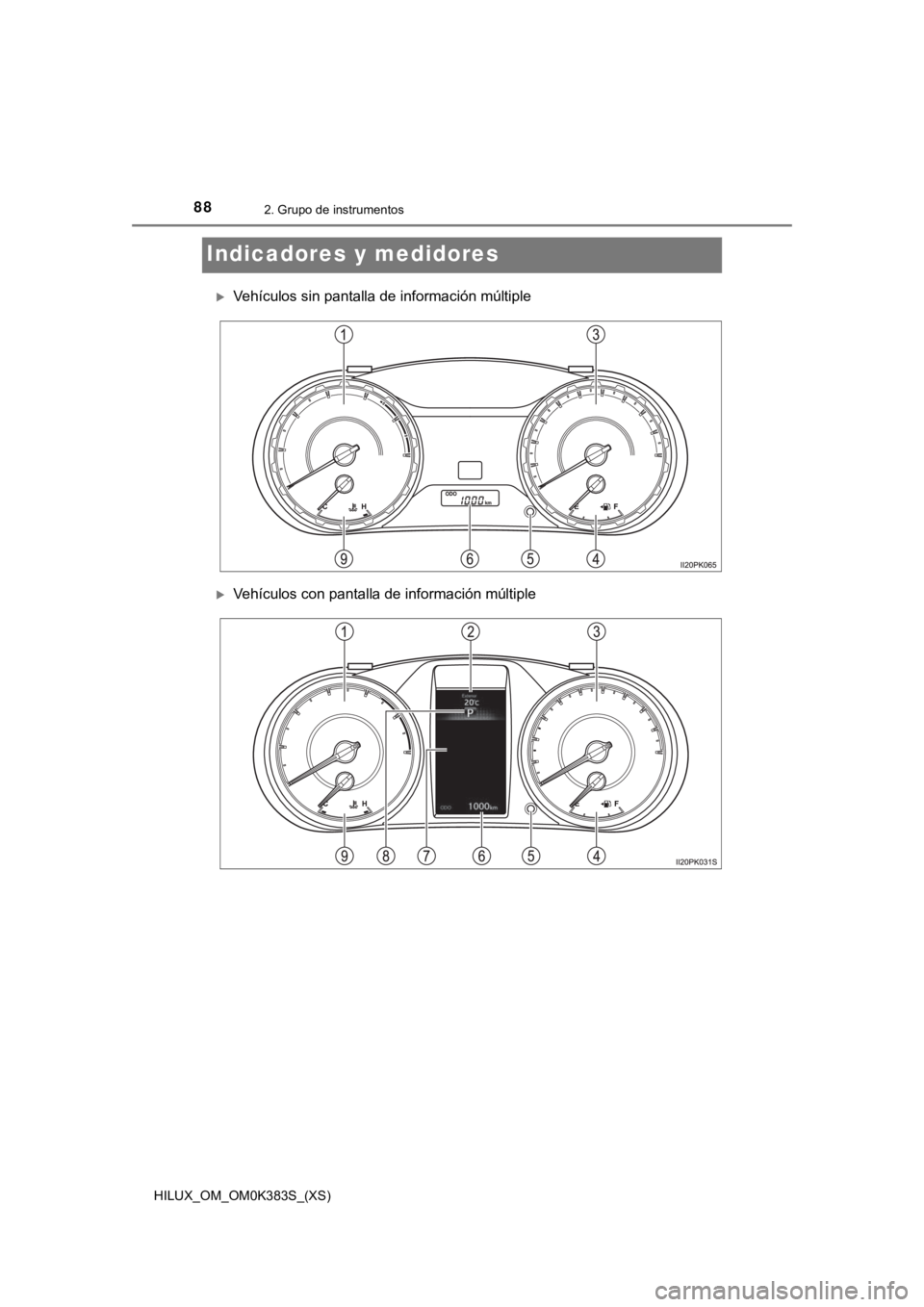 TOYOTA HILUX 2019 Manual del propietario (in Spanish) 88
HILUX_OM_OM0K383S_(XS)
2. Grupo de instrumentos
Indicadores y medidores
Vehículos sin pantalla de información múltiple
Vehículos con pantalla de información múltiple TOYOTA HILUX 2019 Manual del propietario (in Spanish) 88
HILUX_OM_OM0K383S_(XS)
2. Grupo de instrumentos
Indicadores y medidores
Vehículos sin pantalla de información múltiple
Vehículos con pantalla de información múltiple