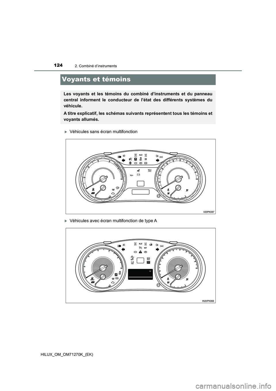 TOYOTA HILUX 2019 Manuel du propriétaire (in French) 1242. Combiné d’instruments
HILUX_OM_OM71270K_(EK)
Voyants et témoins
Véhicules sans écran multifonction
Véhicules avec écran multifonction de type A
Les voyants et les témoins du combi TOYOTA HILUX 2019 Manuel du propriétaire (in French) 1242. Combiné d’instruments
HILUX_OM_OM71270K_(EK)
Voyants et témoins
Véhicules sans écran multifonction
Véhicules avec écran multifonction de type A
Les voyants et les témoins du combi