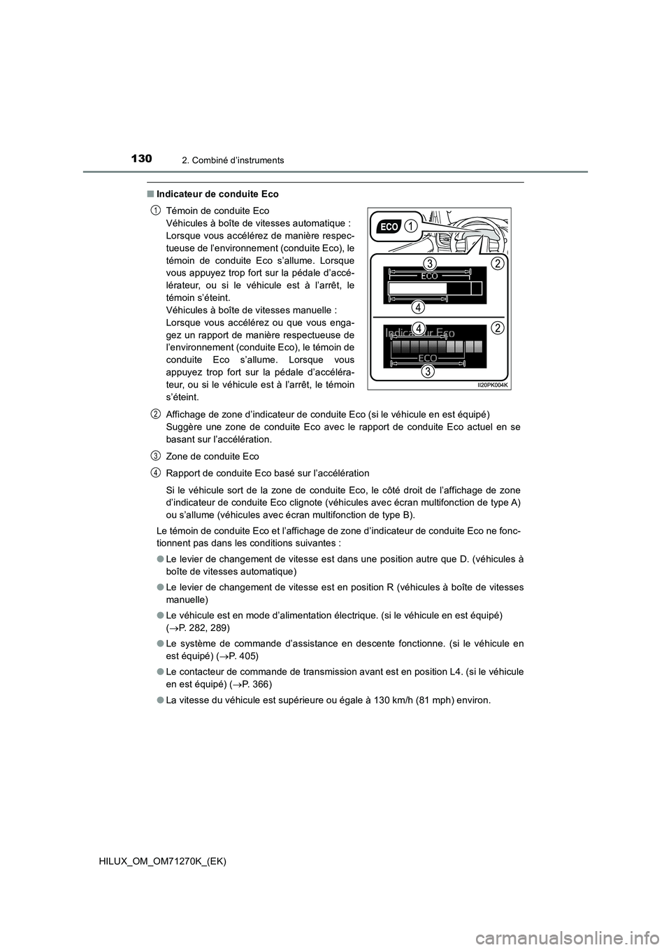 TOYOTA HILUX 2019 Manuel du propriétaire (in French) 1302. Combiné d’instruments
HILUX_OM_OM71270K_(EK)
■Indicateur de conduite Eco
Affichage de zone d’indicateur de conduite Eco (si le véhicule en est équipé)
Suggère une zone de conduite Ec TOYOTA HILUX 2019 Manuel du propriétaire (in French) 1302. Combiné d’instruments
HILUX_OM_OM71270K_(EK)
■Indicateur de conduite Eco
Affichage de zone d’indicateur de conduite Eco (si le véhicule en est équipé)
Suggère une zone de conduite Ec