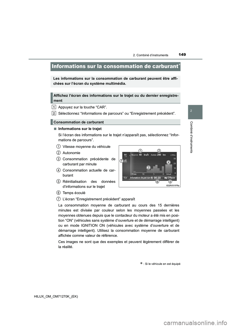 TOYOTA HILUX 2019  Manuel du propriétaire (in French) 149
2
2. Combiné d’instruments
Combiné d’instruments
HILUX_OM_OM71270K_(EK)
Informations sur la consommation de carburant
Appuyez sur la touche “CAR”.
Sélectionnez “Informations de par