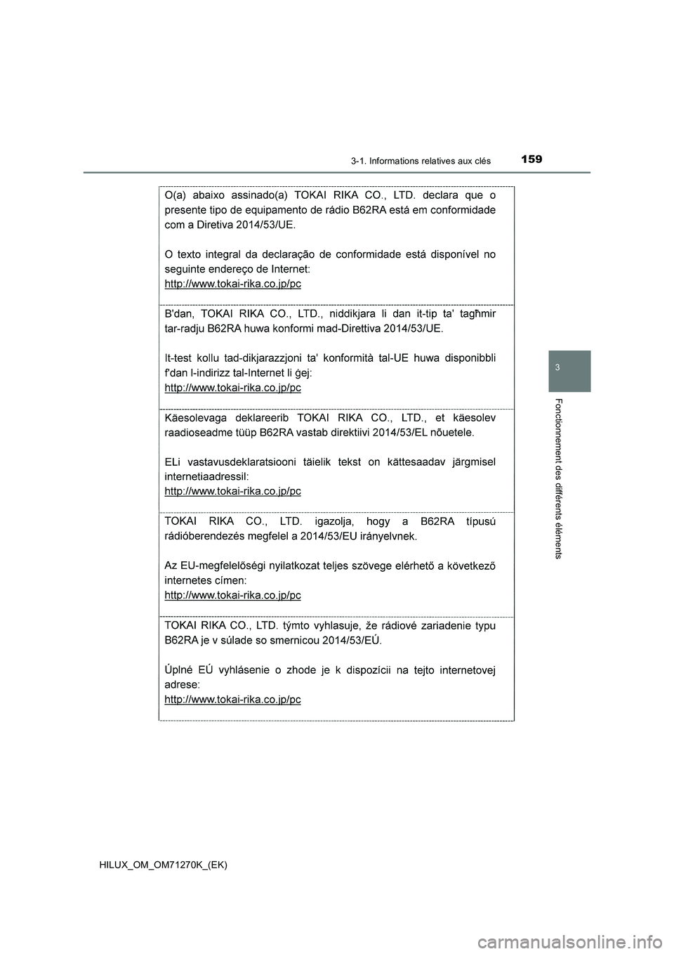 TOYOTA HILUX 2019  Manuel du propriétaire (in French) 1593-1. Informations relatives aux clés
3
Fonctionnement des différents éléments
HILUX_OM_OM71270K_(EK) 