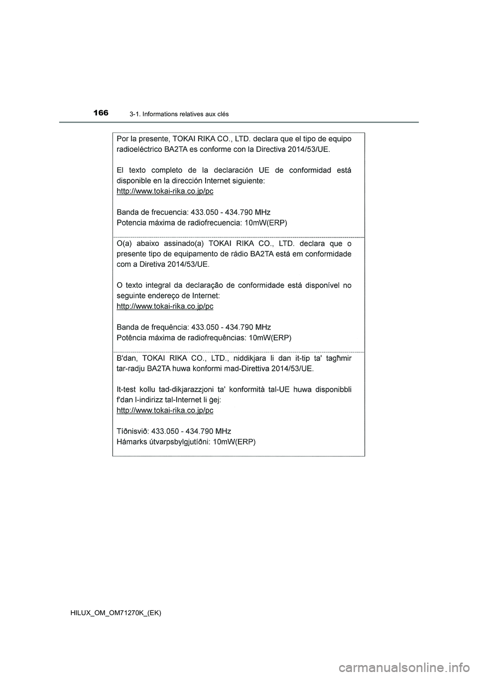 TOYOTA HILUX 2019 Manuel du propriétaire (in French) 1663-1. Informations relatives aux clés
HILUX_OM_OM71270K_(EK) TOYOTA HILUX 2019 Manuel du propriétaire (in French) 1663-1. Informations relatives aux clés
HILUX_OM_OM71270K_(EK)