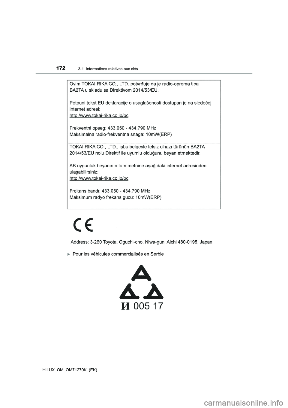 TOYOTA HILUX 2019 Manuel du propriétaire (in French) 1723-1. Informations relatives aux clés
HILUX_OM_OM71270K_(EK)
Pour les véhicules commercialisés en Serbie TOYOTA HILUX 2019 Manuel du propriétaire (in French) 1723-1. Informations relatives aux clés
HILUX_OM_OM71270K_(EK)
Pour les véhicules commercialisés en Serbie