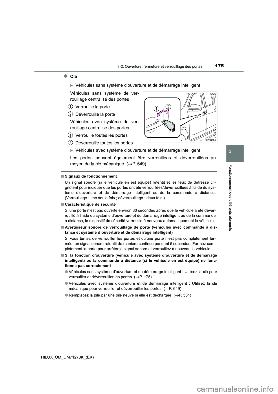 TOYOTA HILUX 2019 Manuel du propriétaire (in French) 1753-2. Ouverture, fermeture et verrouillage des portes
3
Fonctionnement des différents éléments
HILUX_OM_OM71270K_(EK)
◆Clé
Véhicules sans système d’ouverture et de démarrage intelligen TOYOTA HILUX 2019 Manuel du propriétaire (in French) 1753-2. Ouverture, fermeture et verrouillage des portes
3
Fonctionnement des différents éléments
HILUX_OM_OM71270K_(EK)
◆Clé
Véhicules sans système d’ouverture et de démarrage intelligen