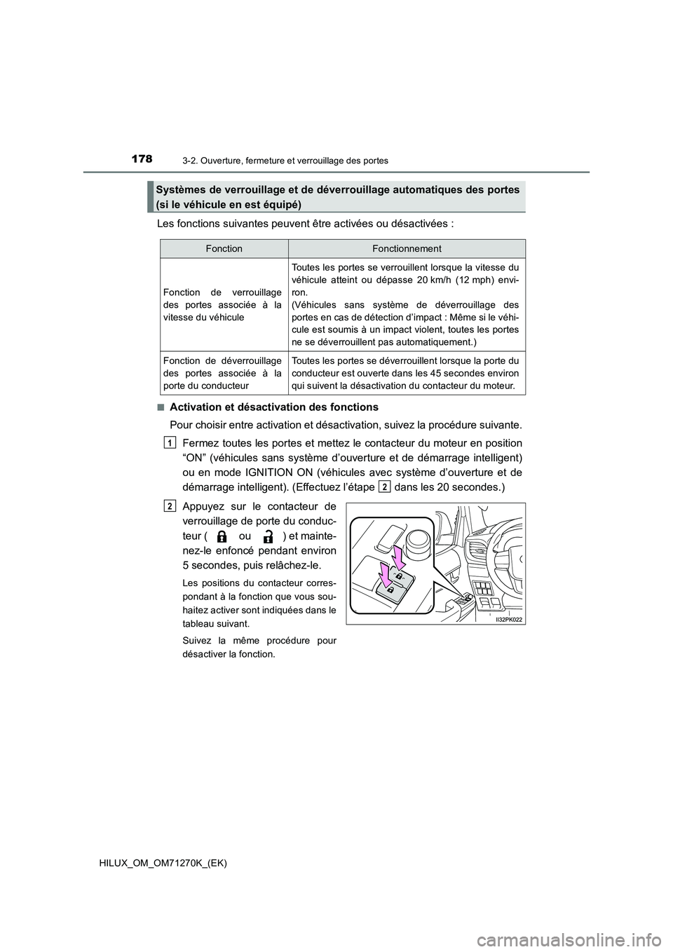 TOYOTA HILUX 2019 Manuel du propriétaire (in French) 1783-2. Ouverture, fermeture et verrouillage des portes
HILUX_OM_OM71270K_(EK)
Les fonctions suivantes peuvent être activées ou désactivées :
■Activation et désactivation des fonctions
Pour cho TOYOTA HILUX 2019 Manuel du propriétaire (in French) 1783-2. Ouverture, fermeture et verrouillage des portes
HILUX_OM_OM71270K_(EK)
Les fonctions suivantes peuvent être activées ou désactivées :
■Activation et désactivation des fonctions
Pour cho