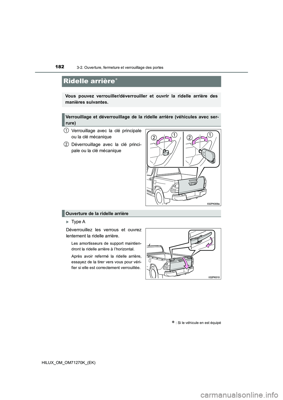 TOYOTA HILUX 2019  Manuel du propriétaire (in French) 1823-2. Ouverture, fermeture et verrouillage des portes
HILUX_OM_OM71270K_(EK)
Ridelle arrière
Verrouillage avec la clé principale
ou la clé mécanique
Déverrouillage avec la clé princi-
pale 
