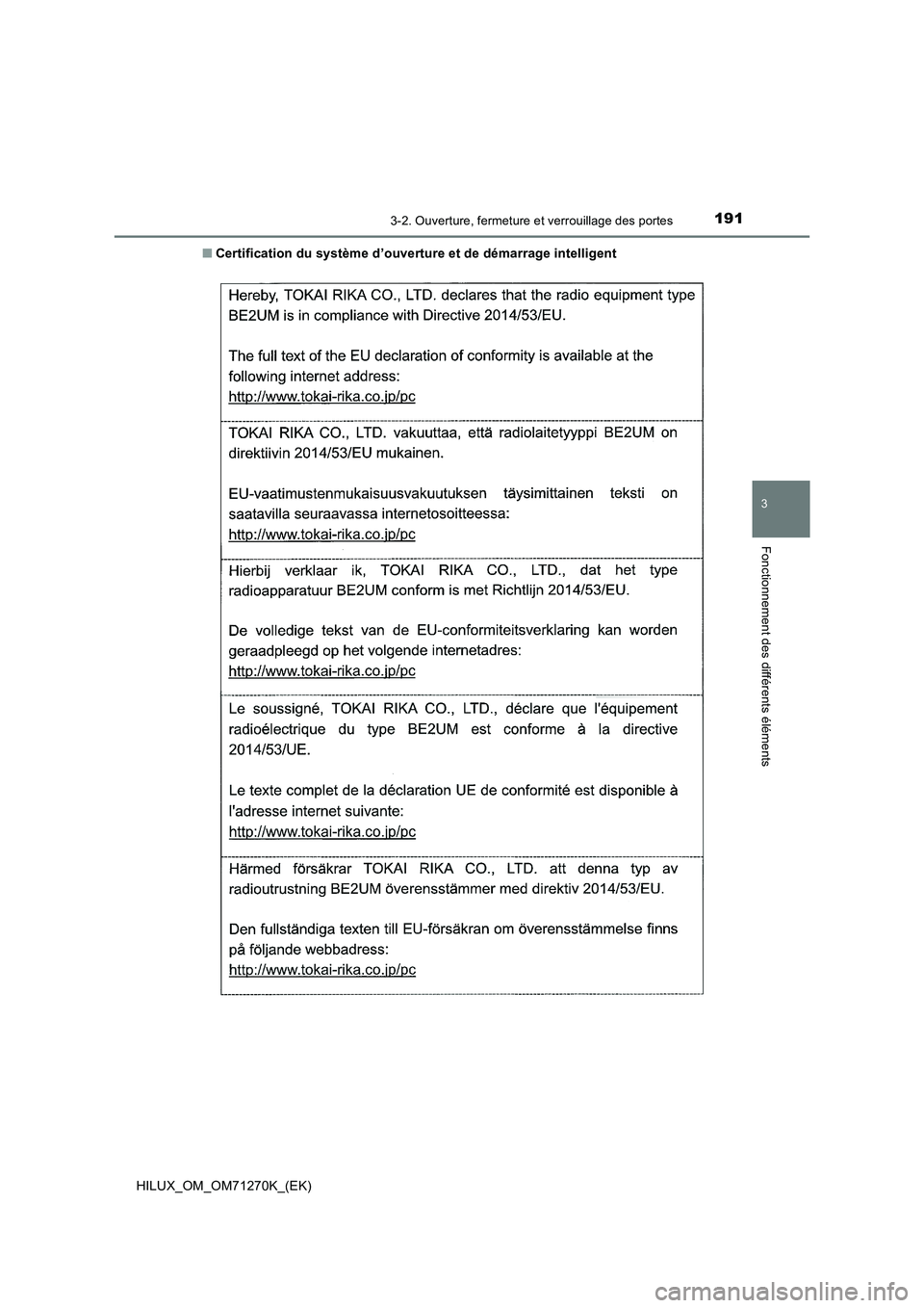 TOYOTA HILUX 2019  Manuel du propriétaire (in French) 1913-2. Ouverture, fermeture et verrouillage des portes
3
Fonctionnement des différents éléments
HILUX_OM_OM71270K_(EK)■Certification du système d’ouverture et de démarrage intelligent 