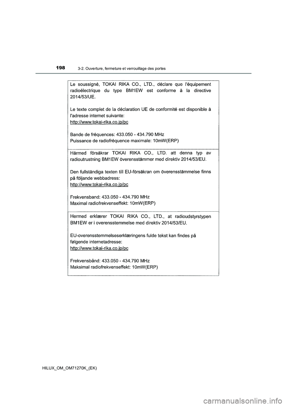 TOYOTA HILUX 2019  Manuel du propriétaire (in French) 1983-2. Ouverture, fermeture et verrouillage des portes
HILUX_OM_OM71270K_(EK) 