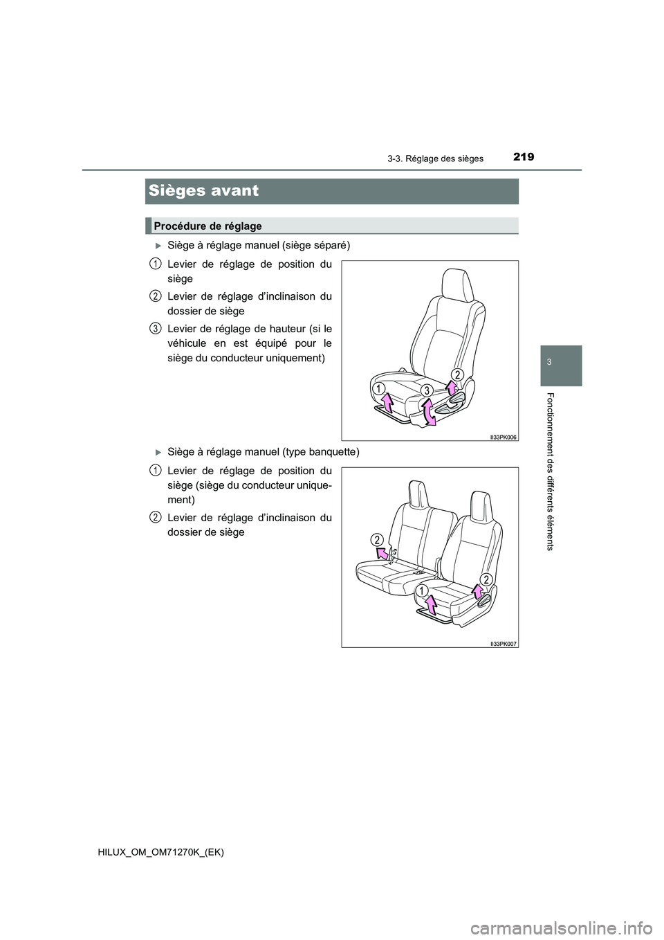 TOYOTA HILUX 2019  Manuel du propriétaire (in French) 219
3
3-3. Réglage des sièges
Fonctionnement des différents éléments
HILUX_OM_OM71270K_(EK)
Sièges avant
Siège à réglage manuel (siège séparé)
Levier de réglage de position du
siège
L
