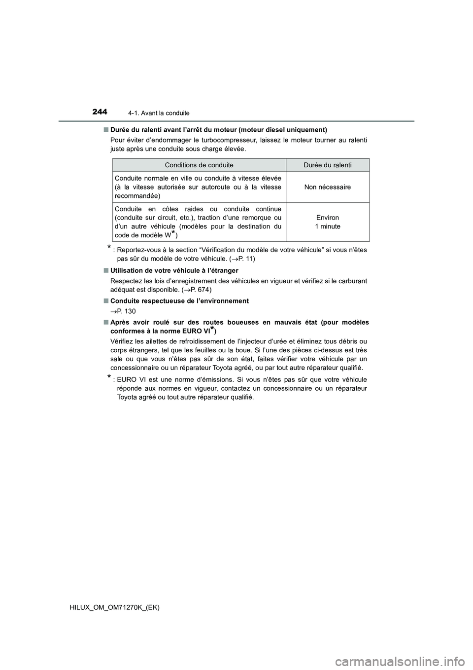 TOYOTA HILUX 2019  Manuel du propriétaire (in French) 2444-1. Avant la conduite
HILUX_OM_OM71270K_(EK)■Durée du ralenti avant l’arrêt du moteur (moteur diesel uniquement)
Pour éviter d’endommager le turbocompresseur, laissez le moteur tourner au