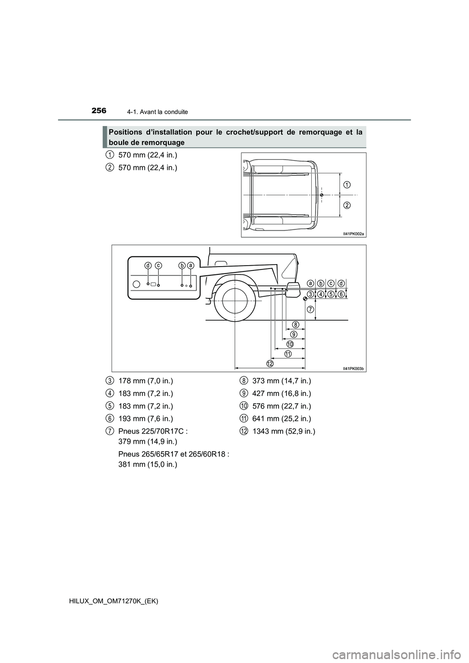 TOYOTA HILUX 2019  Manuel du propriétaire (in French) 2564-1. Avant la conduite
HILUX_OM_OM71270K_(EK)
570 mm (22,4 in.)
570 mm (22,4 in.)
Positions d’installation pour le crochet/support de remorquage et la
boule de remorquage
1
2
178 mm (7,0 in.)
183