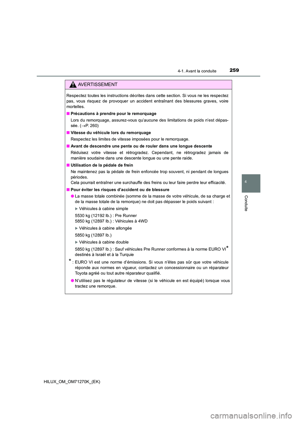 TOYOTA HILUX 2019  Manuel du propriétaire (in French) 2594-1. Avant la conduite
4
Conduite
HILUX_OM_OM71270K_(EK)
AVERTISSEMENT
Respectez toutes les instructions décrites dans cette section. Si vous ne les respectez 
pas, vous risquez de provoquer un ac